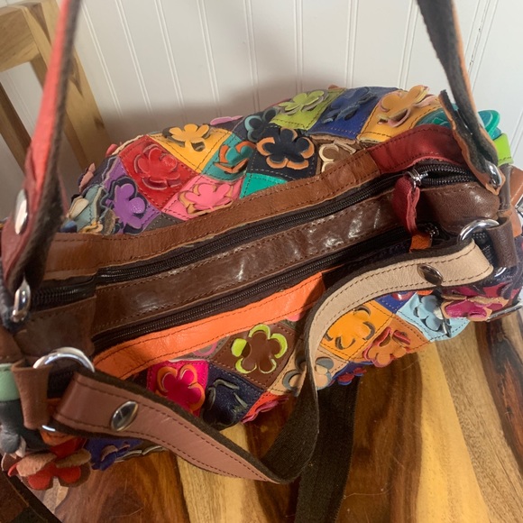 Leather Floret Patchwork Boho Slouch Handbag - Picture 3 of 7